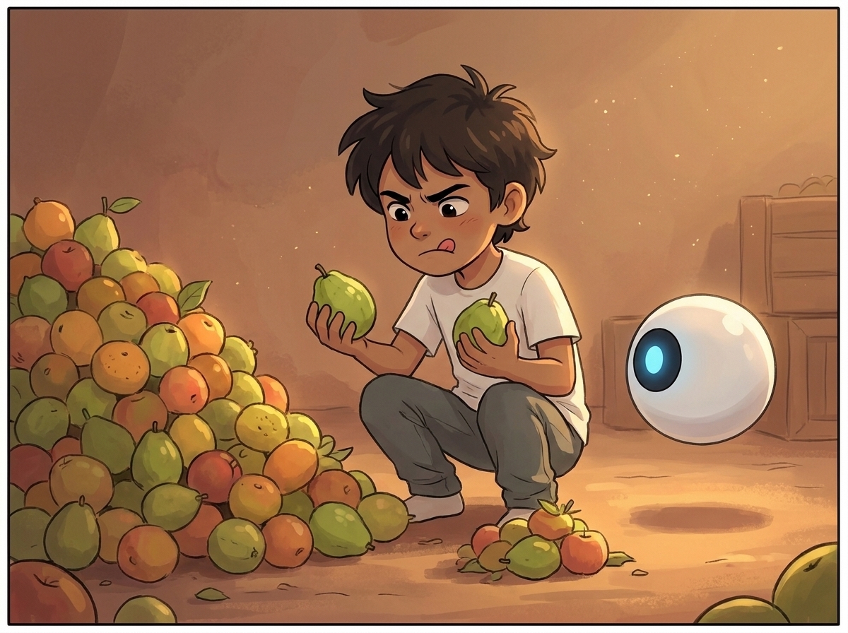 Milo crouched at the foot of the fruit pile, comparing two guavas with a furrowed brow