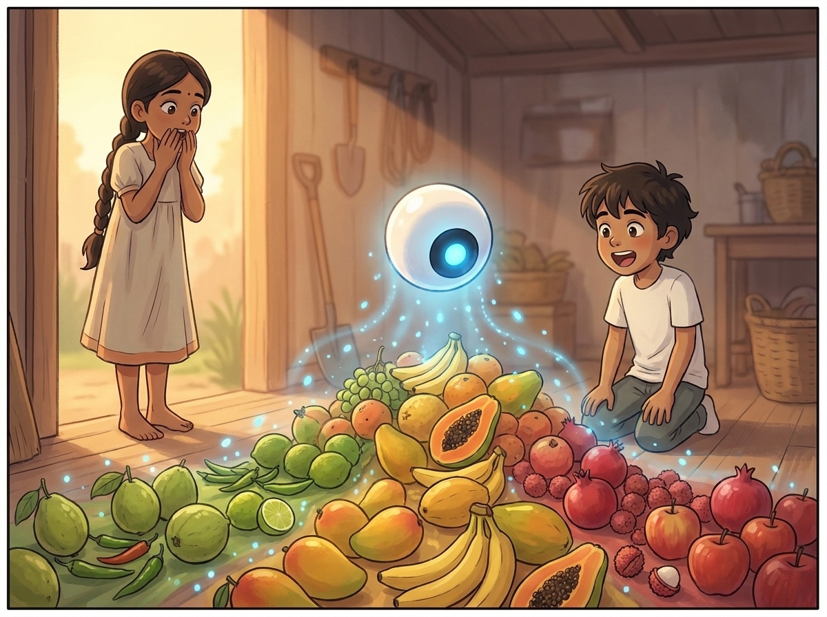 Spark pulses blue and the fruit rearranges into three rivers by colour, as Priya appears amazed
