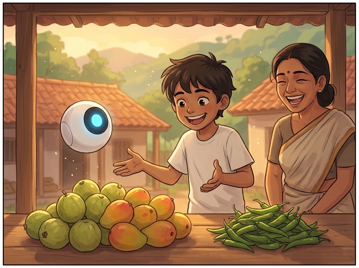 The fruit reorganises a third time into round things and long things, Milo grinning and Priya laughing
