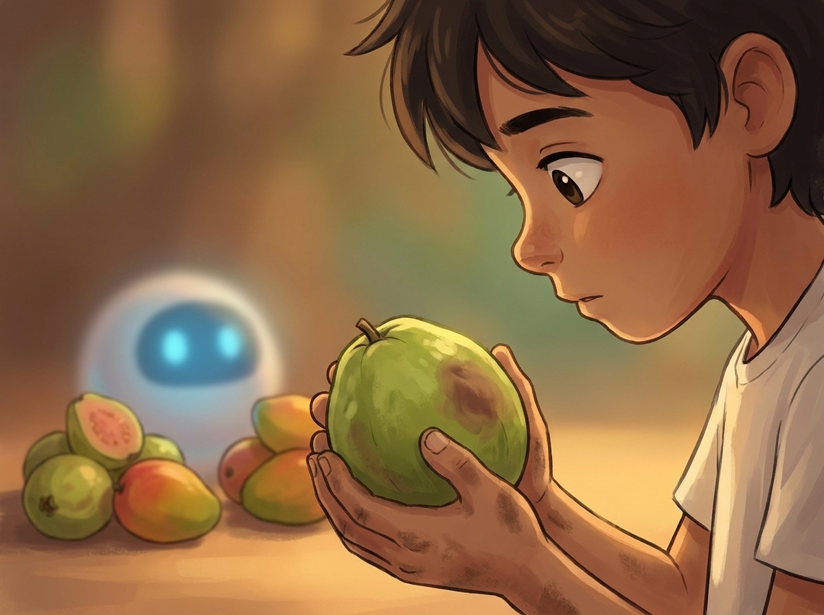 Milo's hands cupping one green, fist-sized guava with a soft brown bruise on one side