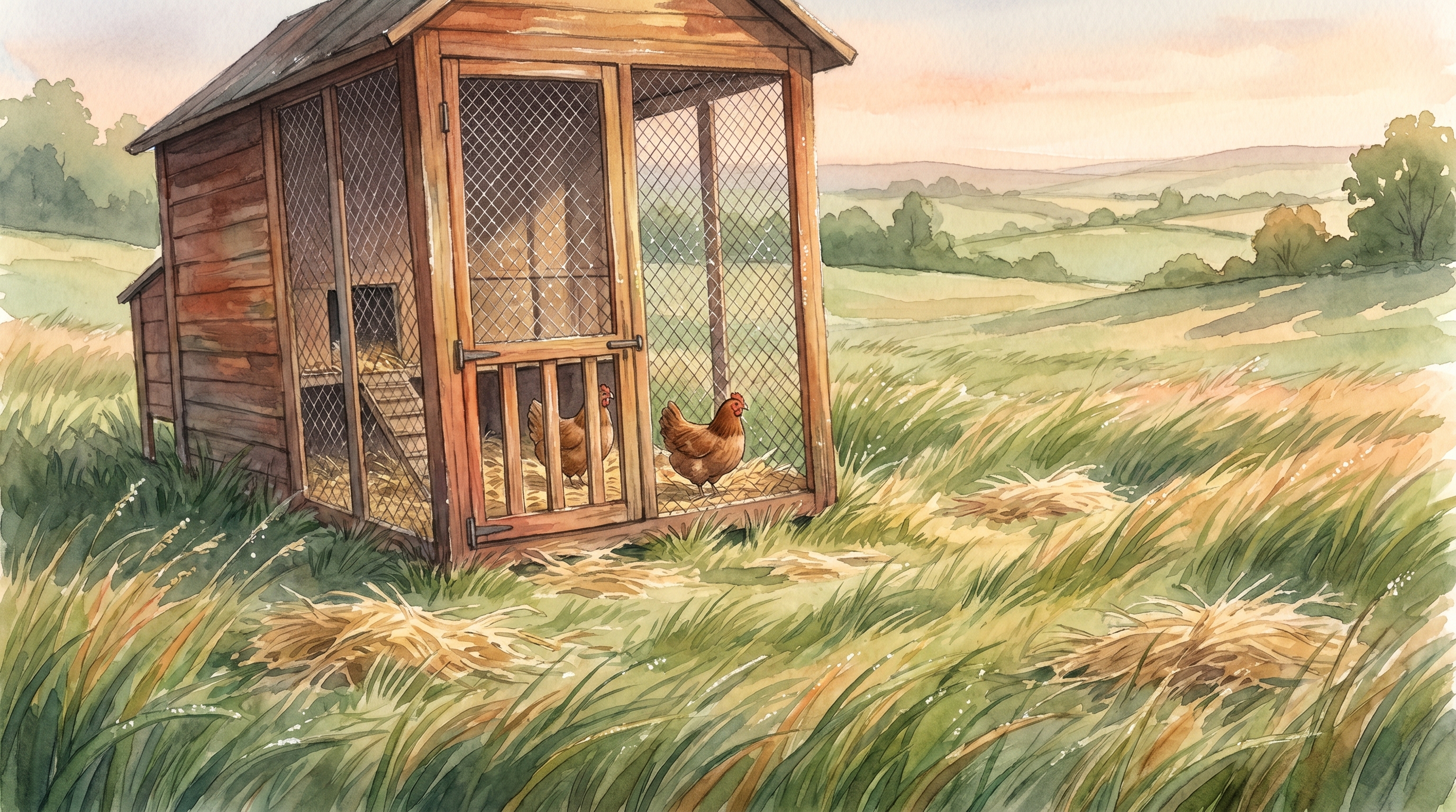 A small wooden chicken coop at the edge of Uncle Arjun's farm in the early morning, far too few hens inside, the ridge rising behind in watercolour greens and golds