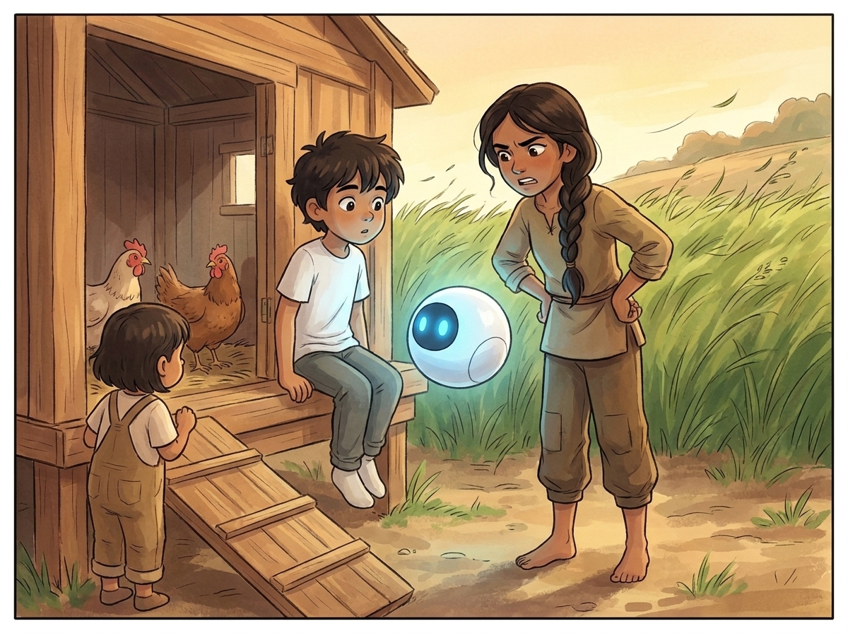 Milo, Priya, and little Tara at the edge of the western coop in early light, Spark hovering between them with its blue light pulsing slow and steady