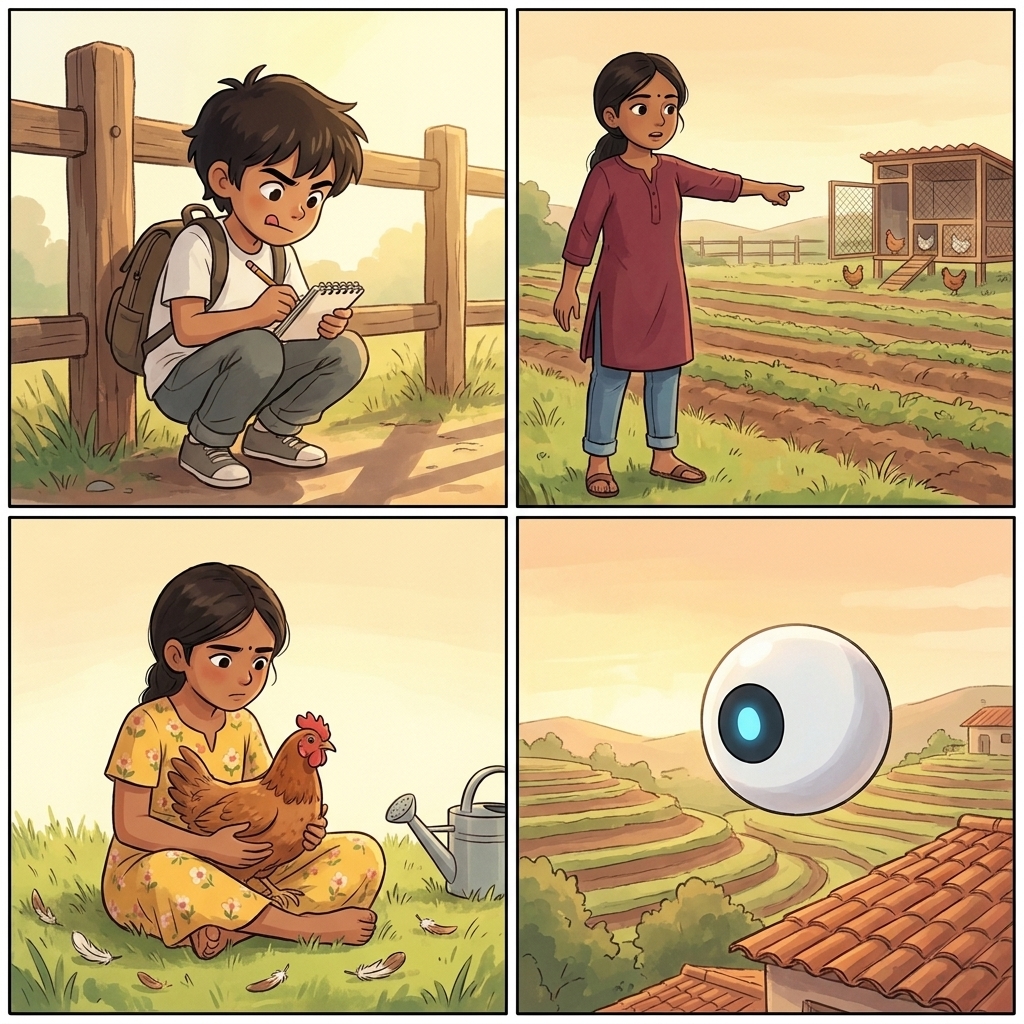 A cosy montage: Milo crouched by a fencepost writing in a notebook, Priya pointing across the field, Tara talking to a hen in her lap, Spark hovering with a steady patient blue light