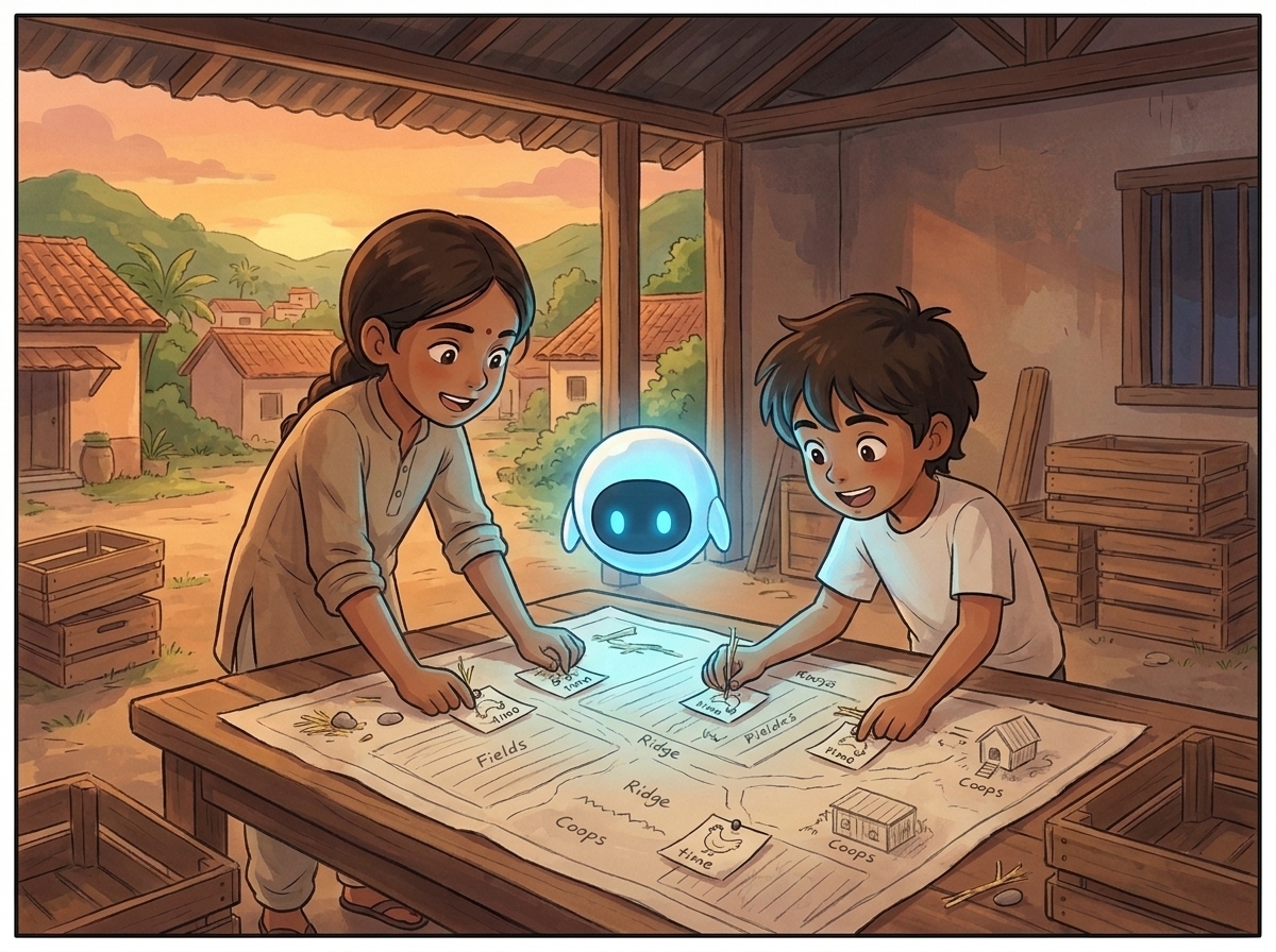 Inside the sorting shed at dusk, a big hand-drawn map of the farm spread across the table, Milo and Priya pinning paper notes onto it, Spark hovering above casting soft blue light down like a lamp
