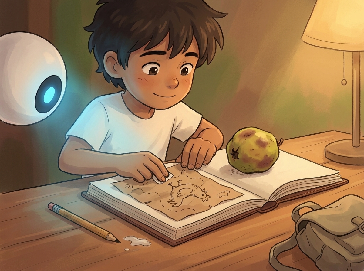 Close-up of Milo's hands at the shed table by lamplight, pasting the hand-drawn brown-paper chicken-map into the first page of a new scrapbook, a bruised guava resting on the page like a paperweight, Spark glowing softly at the edge of frame