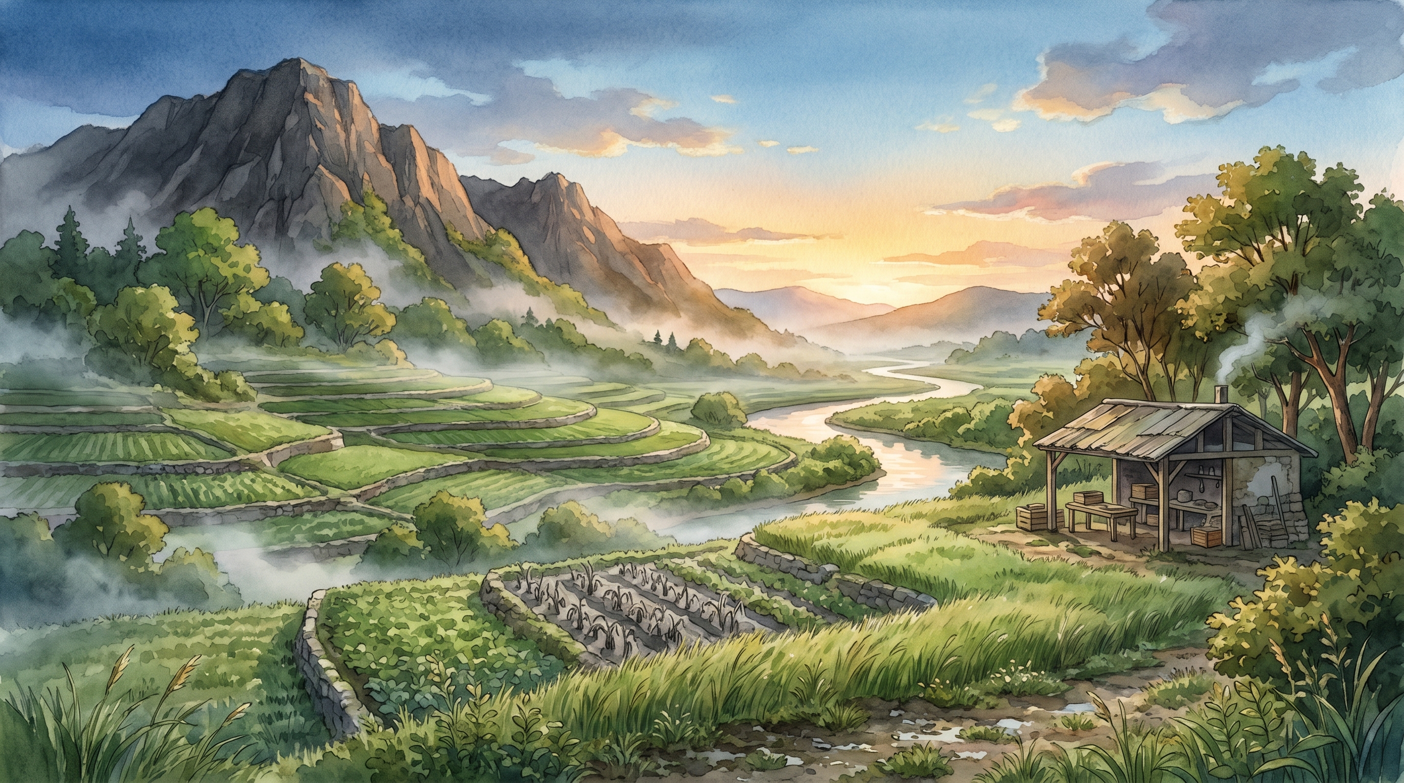 Uncle Arjun's valley at first light, mist in the fields, the ridge brushed pink-gold, wind rippling across the grass
