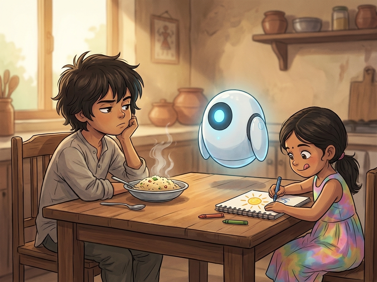 Milo slumped at the breakfast table giving Spark an unimpressed look, Tara crayoning a sun, Spark hovering patiently