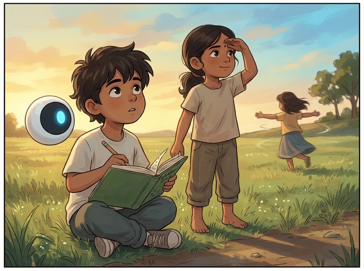 Milo crouched at the edge of a field with the green Weather Diary open, Priya reading the wind, Tara spinning to feel the breeze, Spark glowing nearby