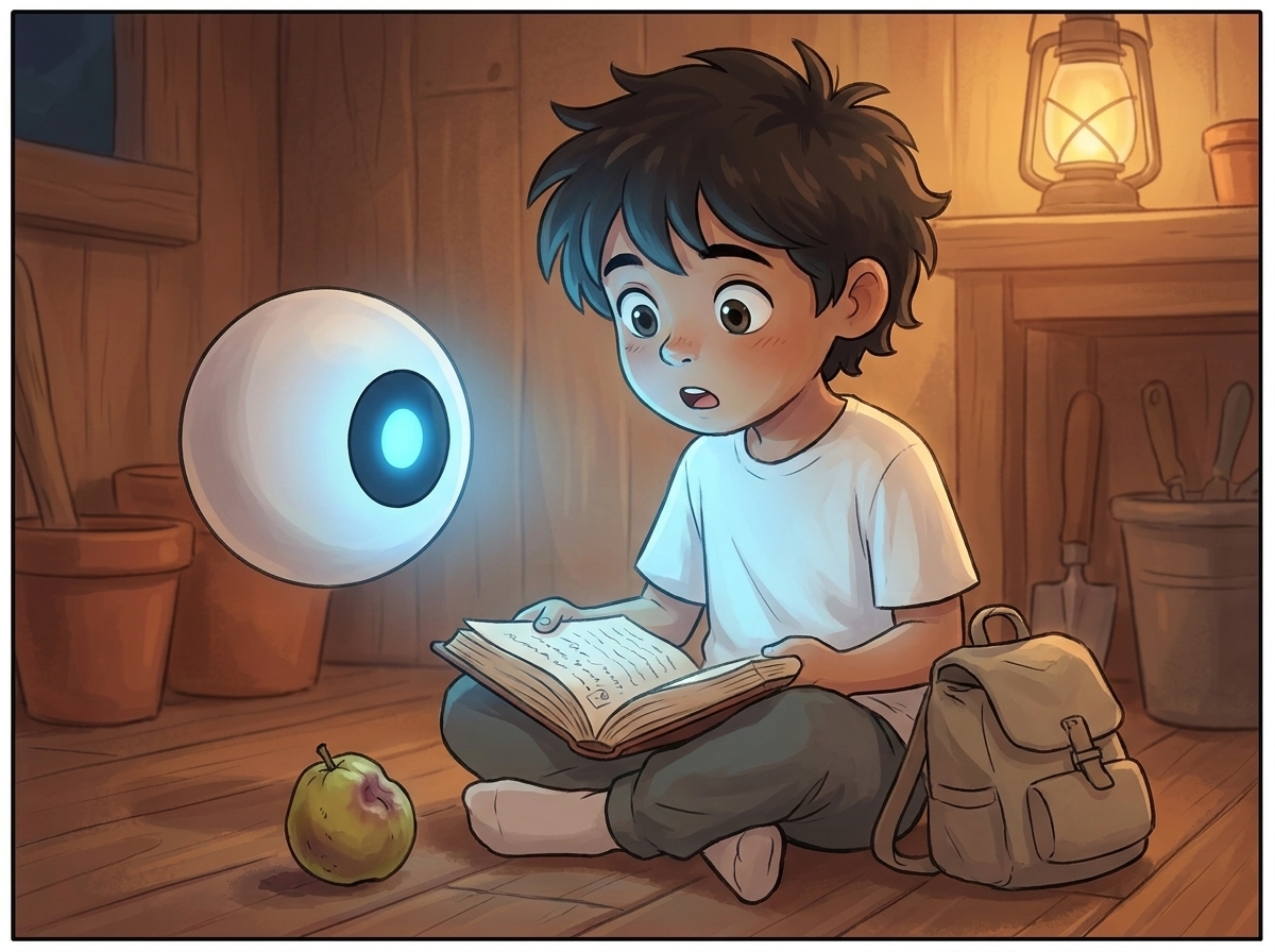 Close-up on Milo's awed face lit by Spark's glow and lantern-light, looking down at the open diary then up, the bruised guava on the floor nearby