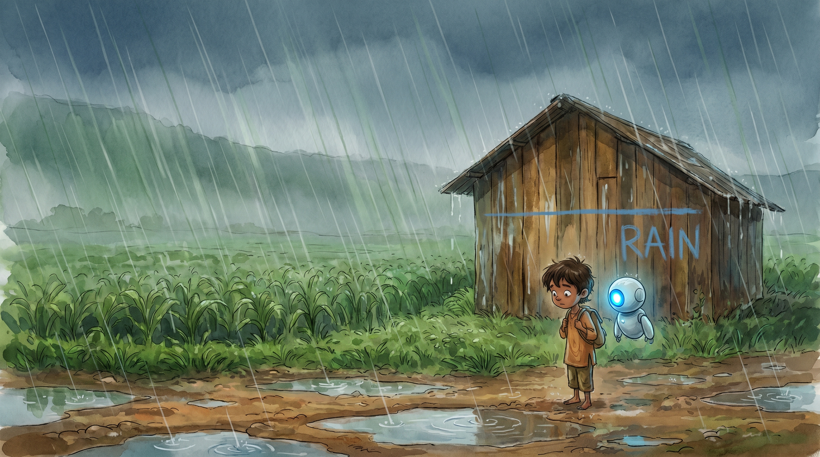 The valley under soft grey curtains of rain sweeping off the ridge, crops bowing, the blue chalk line and the word RAIN on the wet shed wall