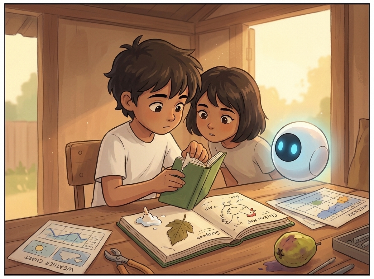 Milo pasting the rain-prediction page into the scrapbook beside the pressed leaf and the chicken map, Priya watching, Spark glowing softly, the bruised guava on the table