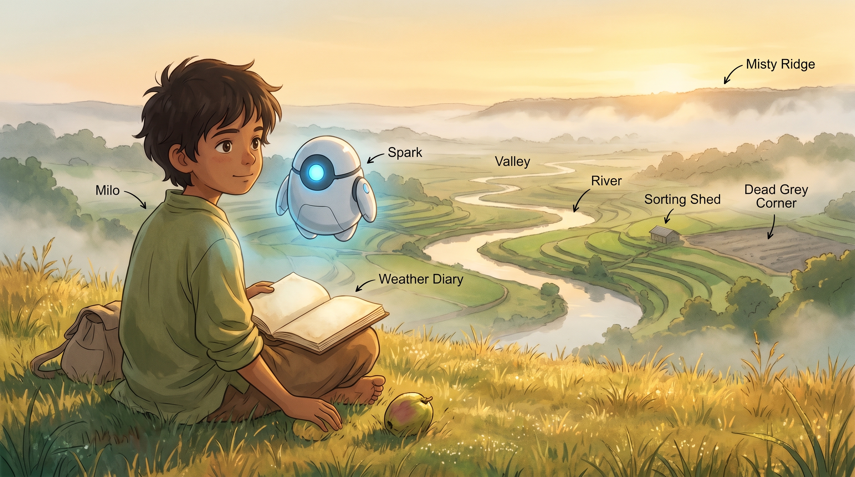 Milo on the hill at sunrise with the weather diary and the bruised guava, Spark glowing bright beside them, the valley spread below