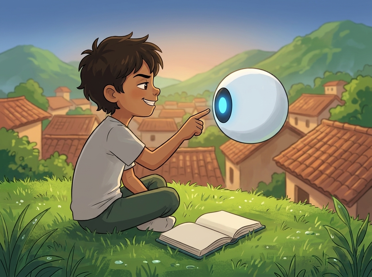 Milo sitting tall on the hill, pointing a teasing finger at Spark, daring it to predict them