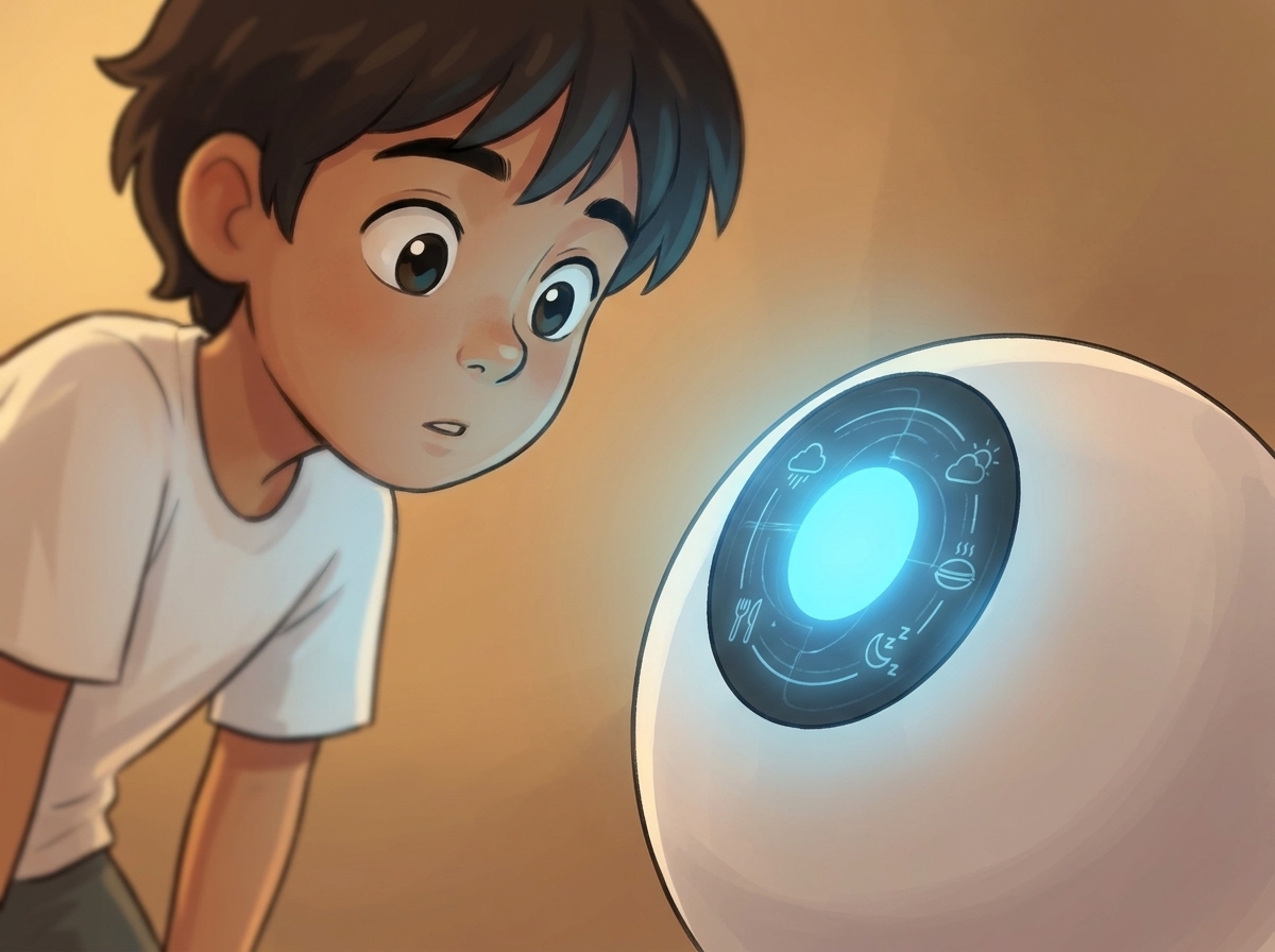 Close on Spark's blue light pulsing rapidly as it processes the weather, food and sleep data
