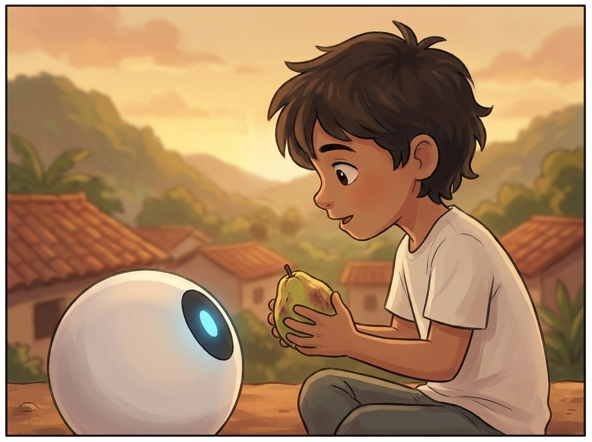 Intimate close two-shot — Milo holding the bruised guava up gently, explaining to Spark, whose light is very dim and low, listening