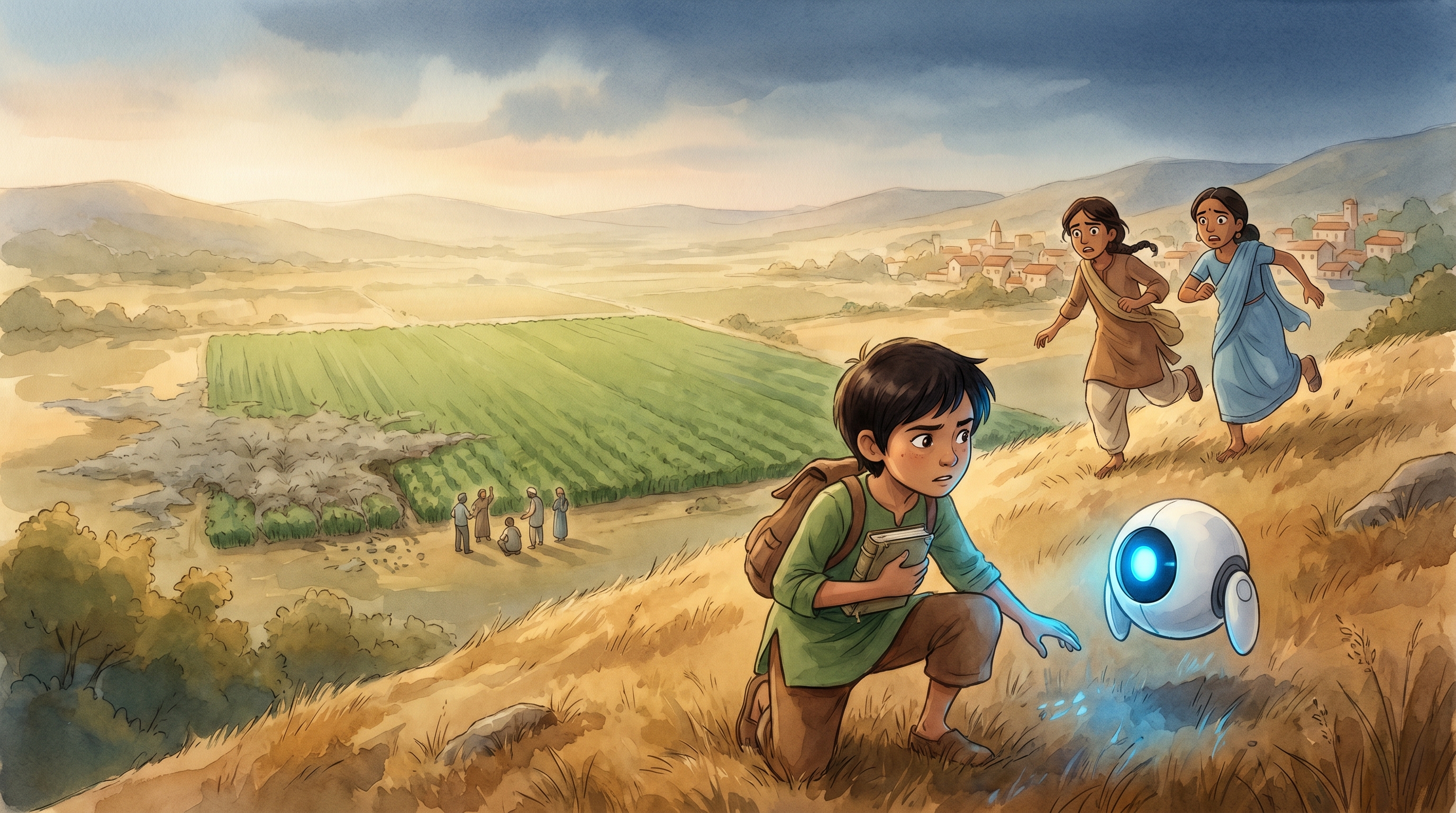 Tara and Priya cresting the hill at a run, the valley tense below with farmers gathered at the dying field, Spark's light sharp blue again