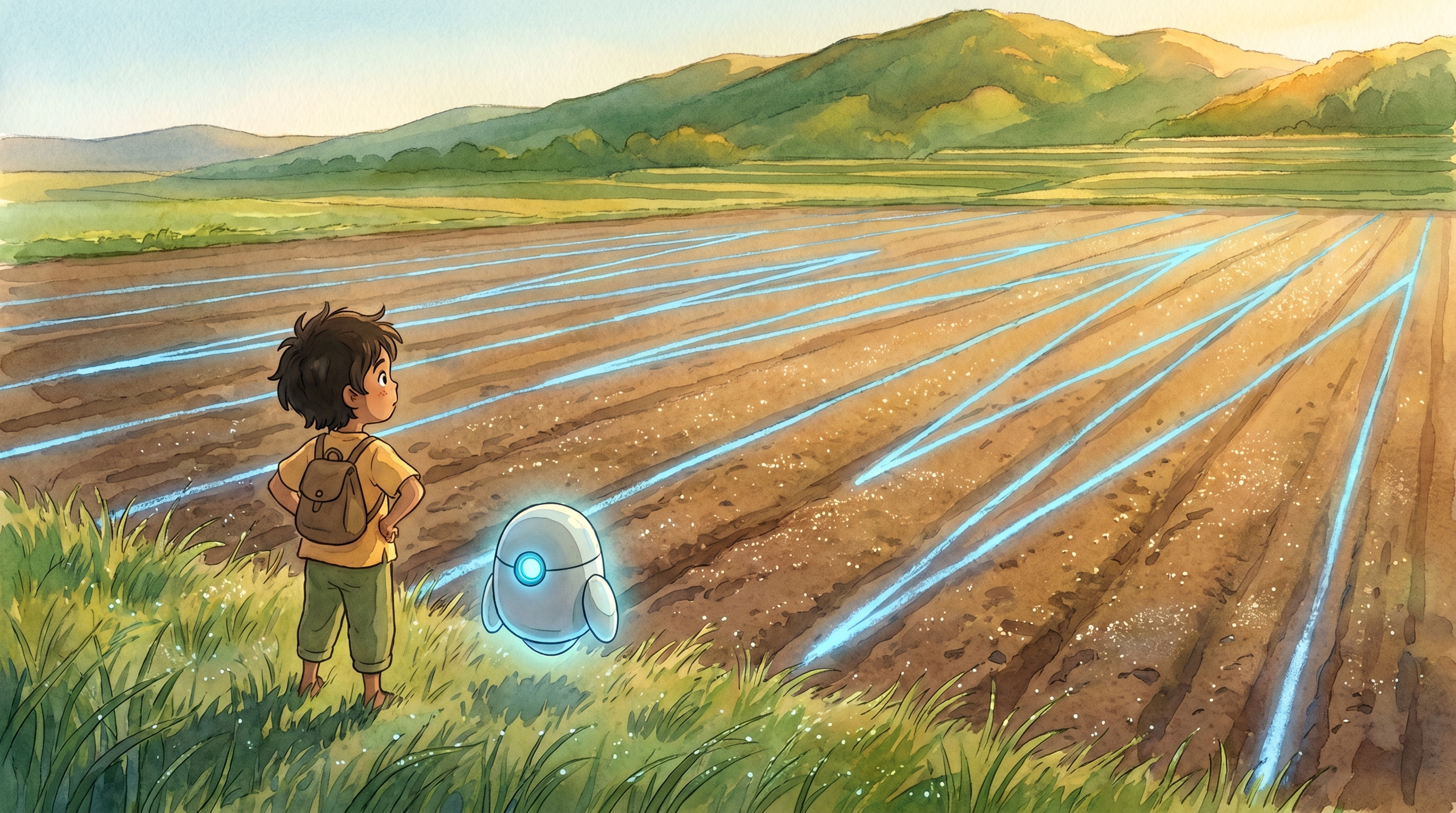 The dead corner of Uncle Arjun's farm laid out in long blue chalk lines at dawn, Milo and Spark at the edge of the field