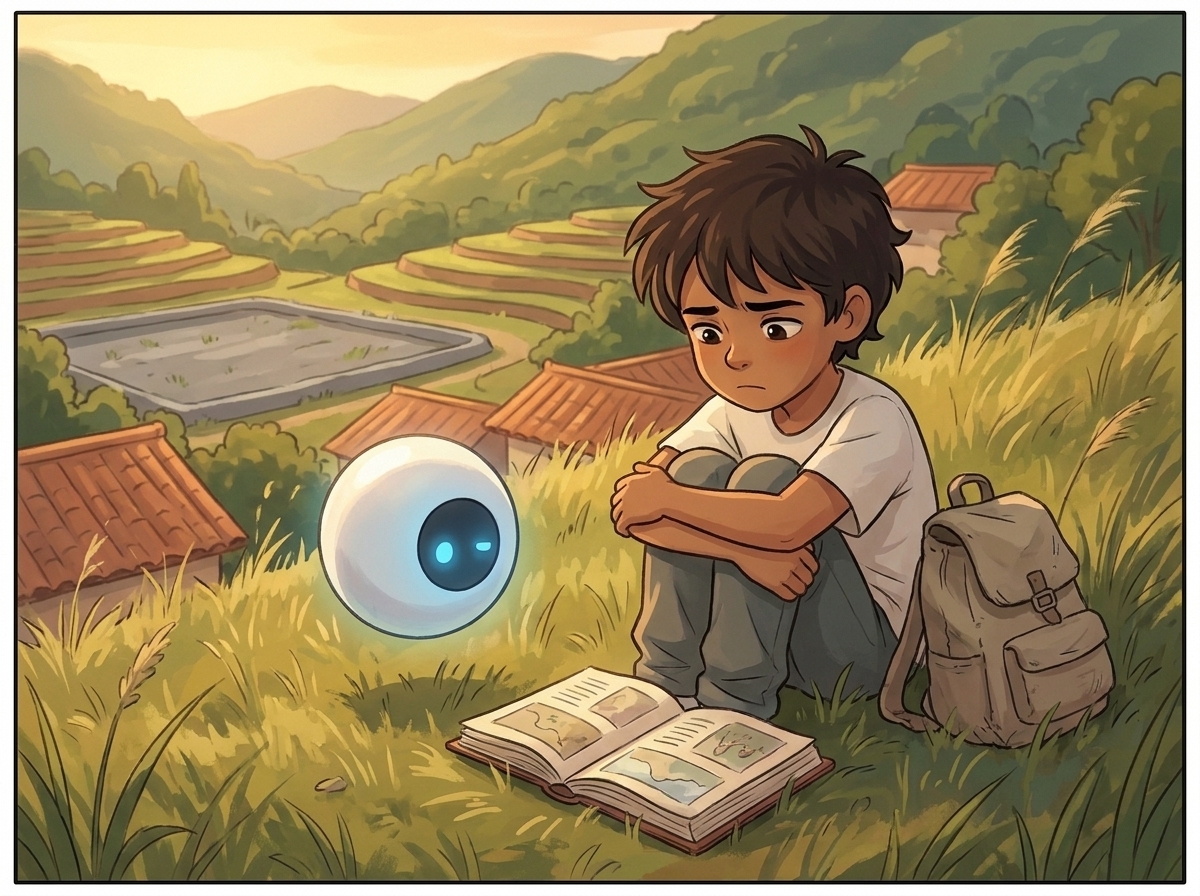 Milo and Spark alone on the hill above the valley, Spark's light dimmed, the scrapbook in Milo's lap