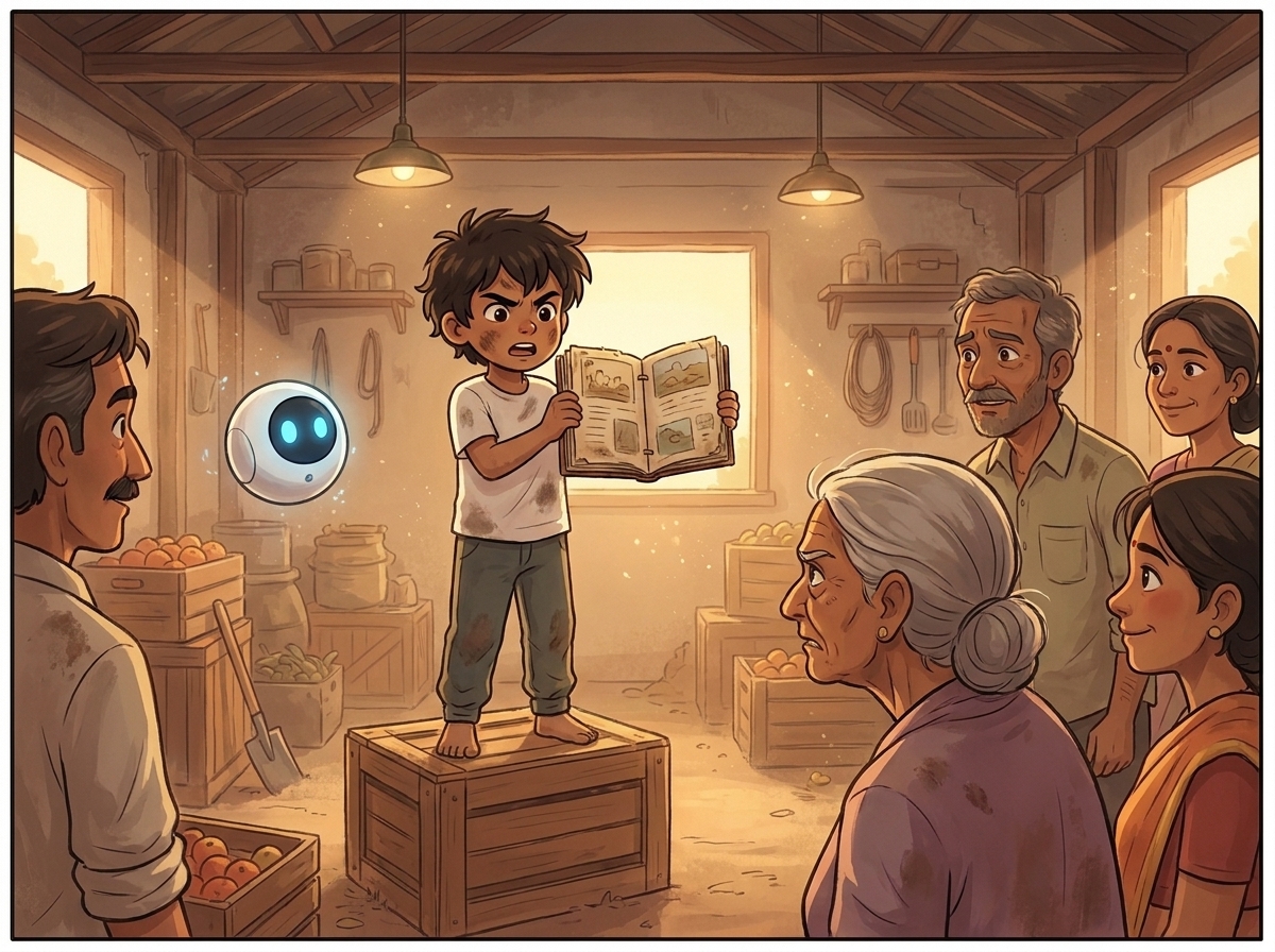 Milo standing on an upturned crate in the sorting shed, holding up the open scrapbook, the farmers leaning in and listening