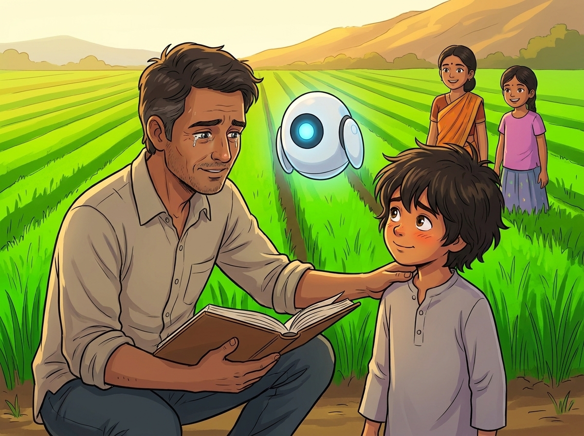 Uncle Arjun crouched beside Milo at the edge of the green-striped Pattern Garden, holding the finished scrapbook, eyes wet and proud