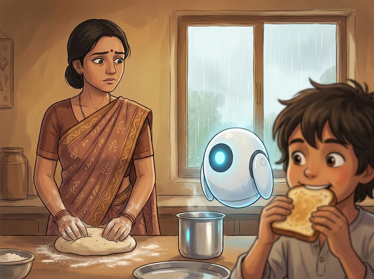 Amma at the counter, hands dusty with flour, pausing to watch Milo and Spark with quiet worry