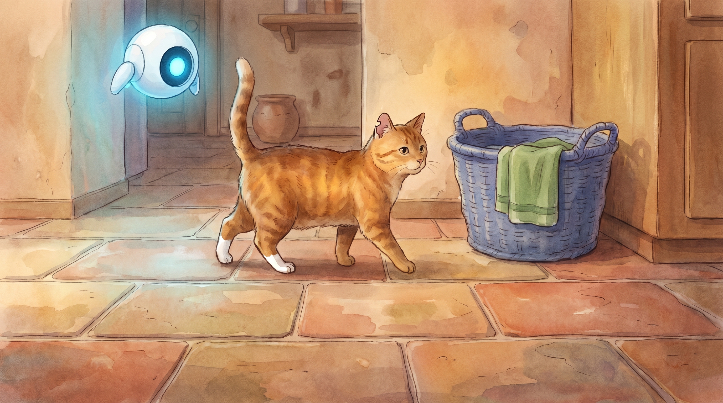 Whiskers the orange tabby with one white sock and a notched ear, padding across the kitchen tiles toward the blue laundry basket