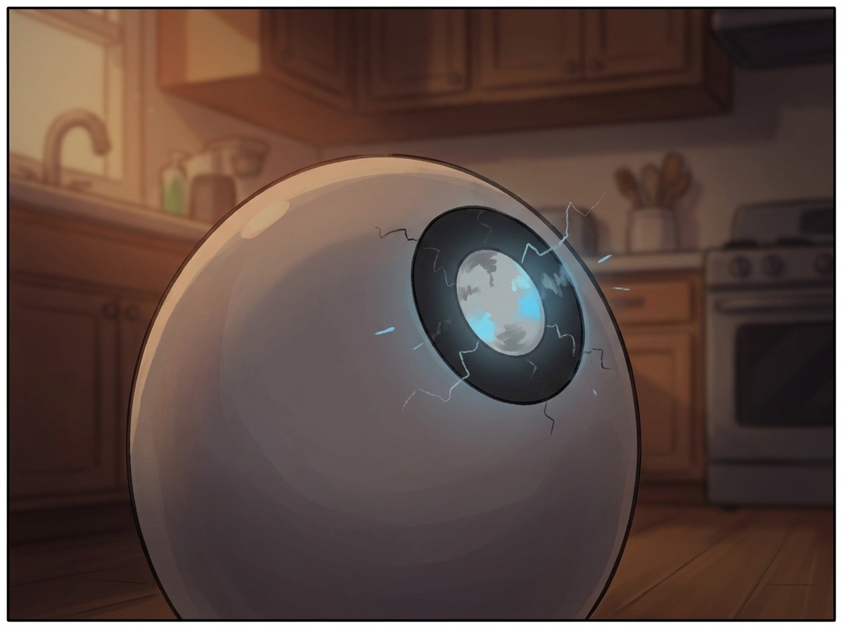 Tight close-up on Spark, its single light buckled into a sick grey-flickering stutter, the blue draining out