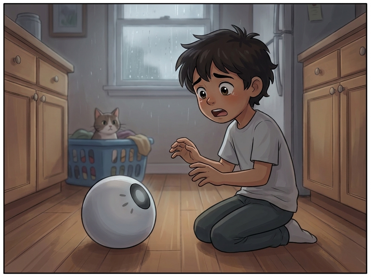 Milo kneeling on the kitchen floor in front of Spark's dim grey light, face shifting from a fading grin into real fear