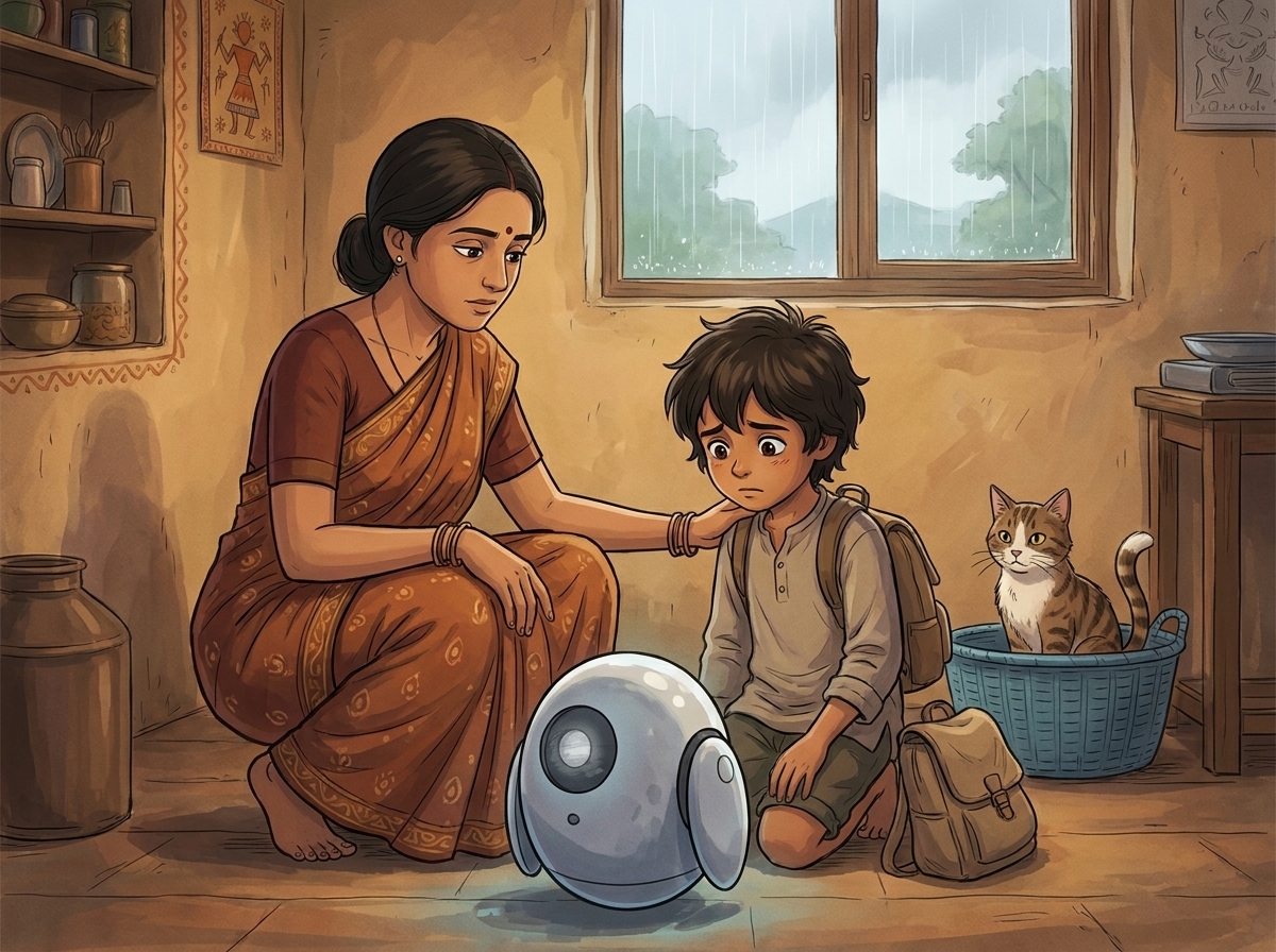 Amma crouched beside Milo on the kitchen floor, one hand on Milo's back, both looking at Spark's dimmed grey light