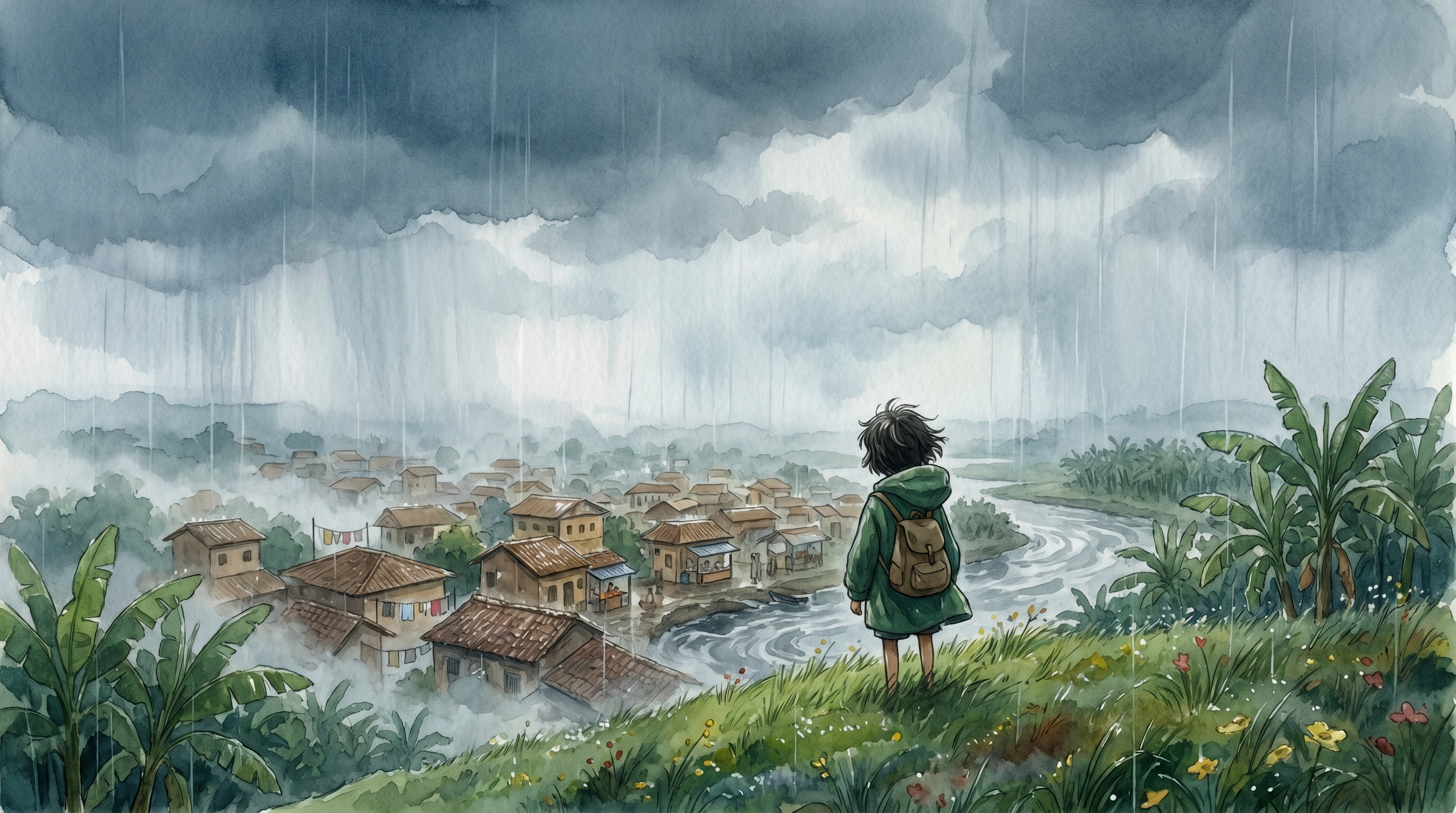 A small lone figure of Milo near the top of a green hill in the monsoon rain, looking out over the misty grey town below, no Spark anywhere