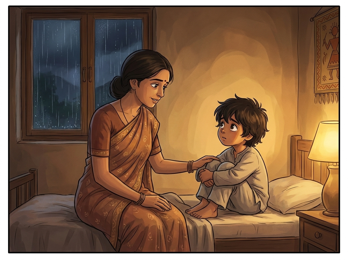 Night in Milo's lamp-lit bedroom, Milo sitting up in bed hugging knees, Amma sitting on the edge of the bed leaning in gently