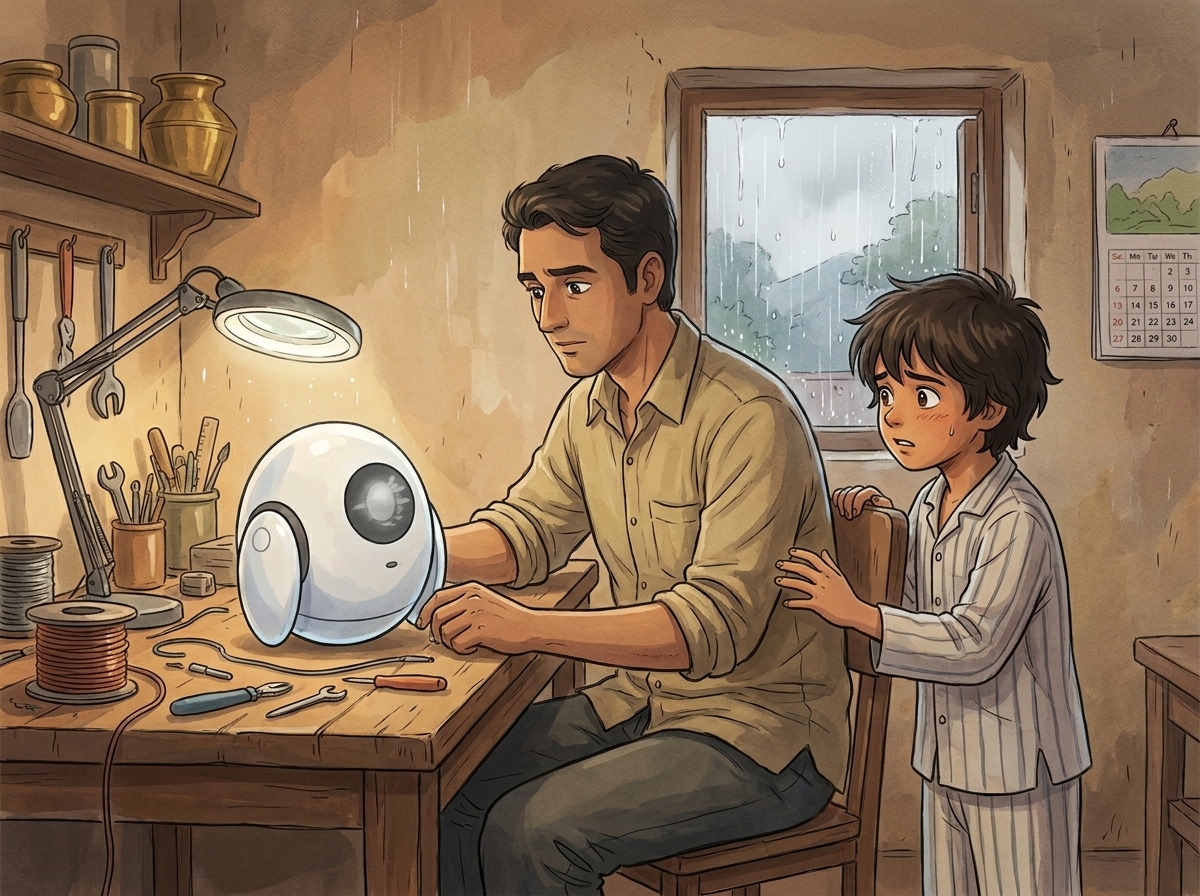 Appa at his workshop bench in grey rain-light, Spark glowing a sick grey, Milo anxious at his elbow