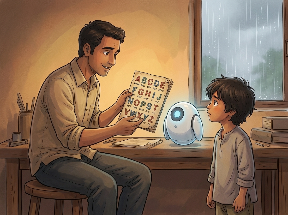 Appa holding up an old alphabet chart for Milo at the workbench