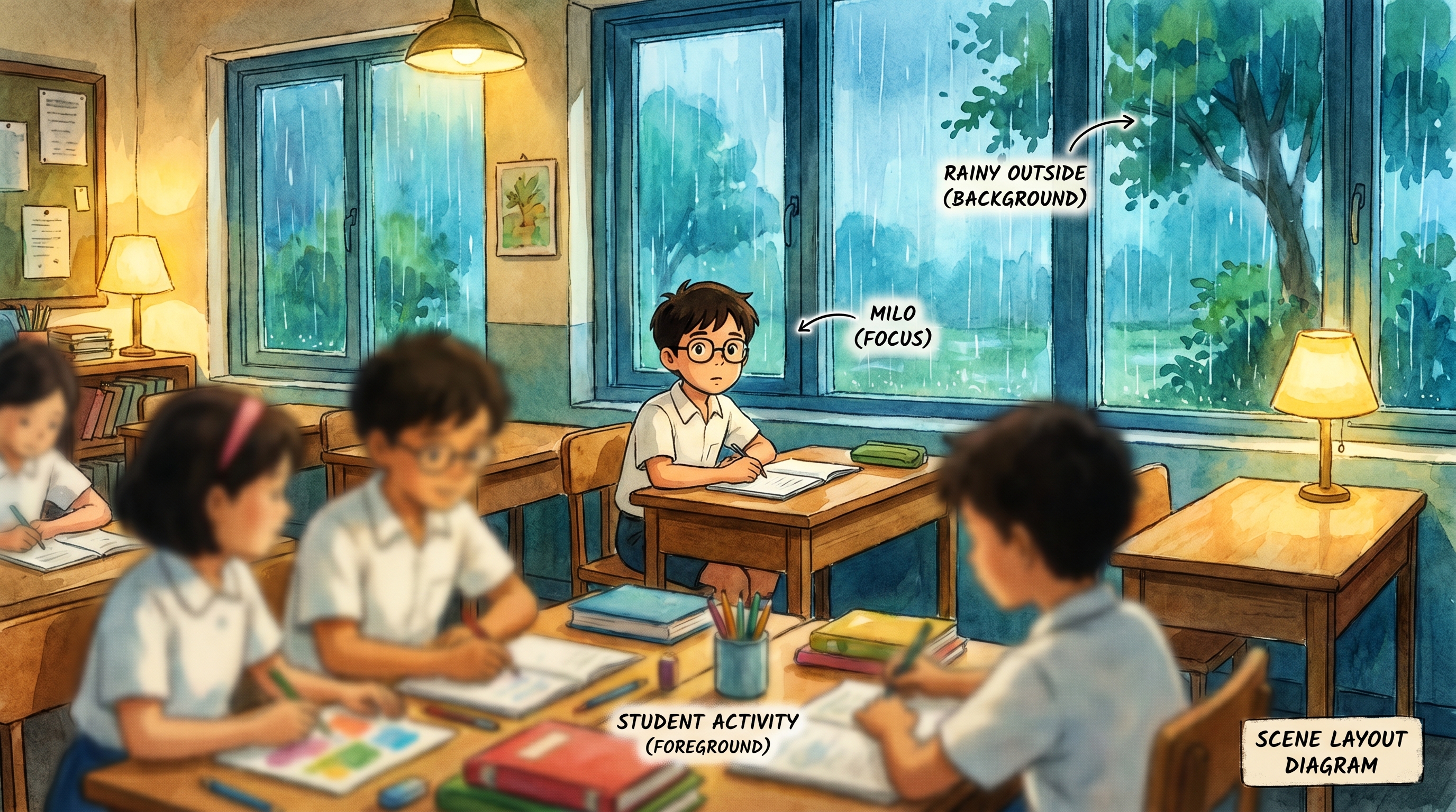 Mrs. Mehra's classroom, a classmate holding a seashell, Milo lost in thought beside Priya