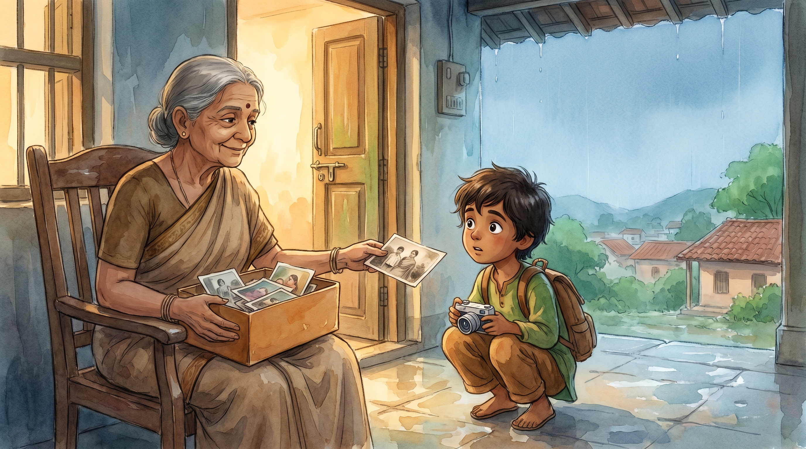 Mrs. Kamala on her verandah holding out an old photograph from a shoebox to Milo