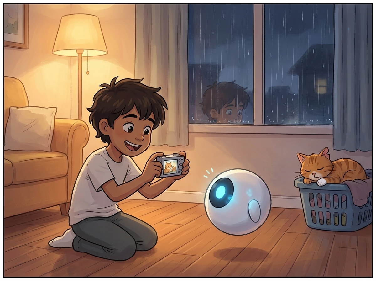 Milo kneeling in front of Spark on a rainy evening, holding Priya's silver camera, teaching the robot to recognize Whiskers the cat