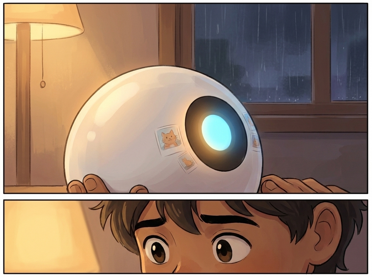 Close-up of Spark's single light pulsing like a heartbeat as it learns, three faint cat photos reflected in its shell