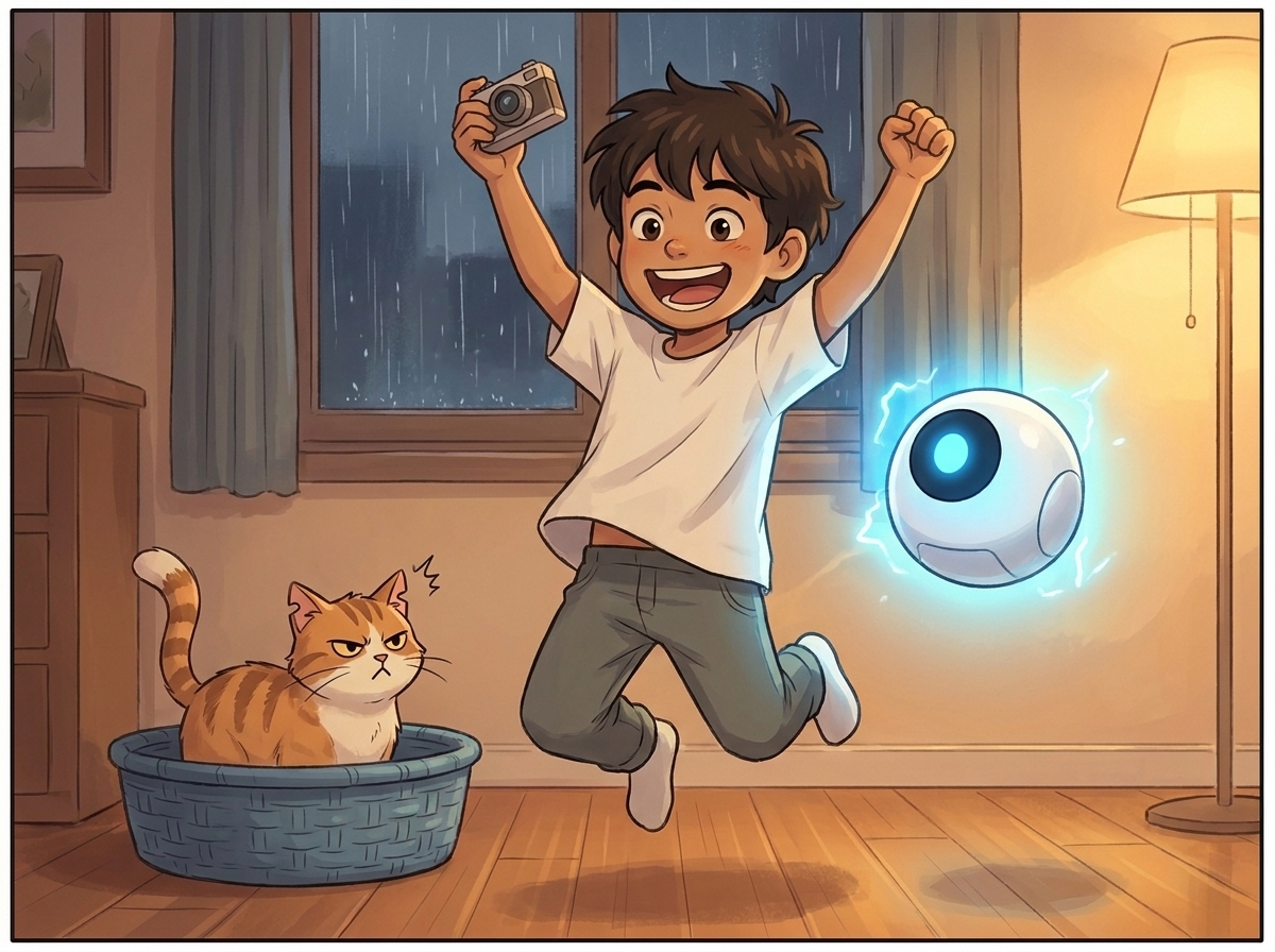 Milo leaping up with both fists in the air, grinning in pure triumph, while Whiskers lifts his head from the basket
