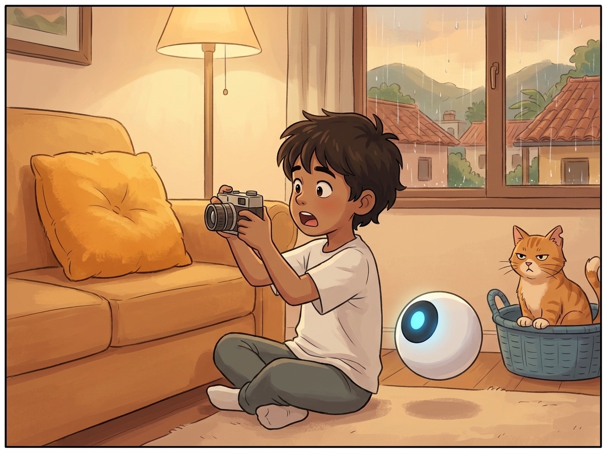 A fat fluffy orange cushion on the sofa; Milo's grin frozen into disbelief while Spark glows confidently, certain and wrong