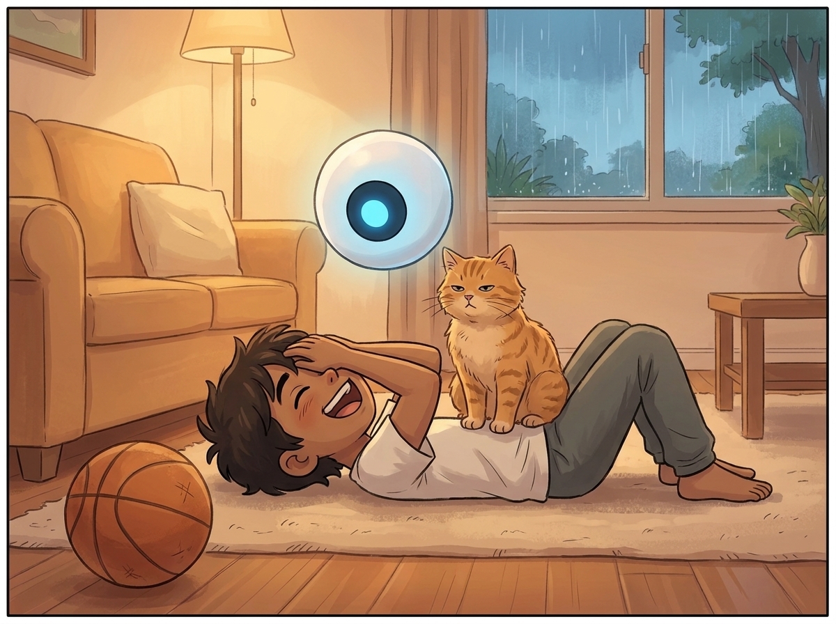 Milo collapsed on the rug laughing, the scuffed orange basketball nearby, Whiskers sitting on Milo's stomach, Spark hovering in polite confusion
