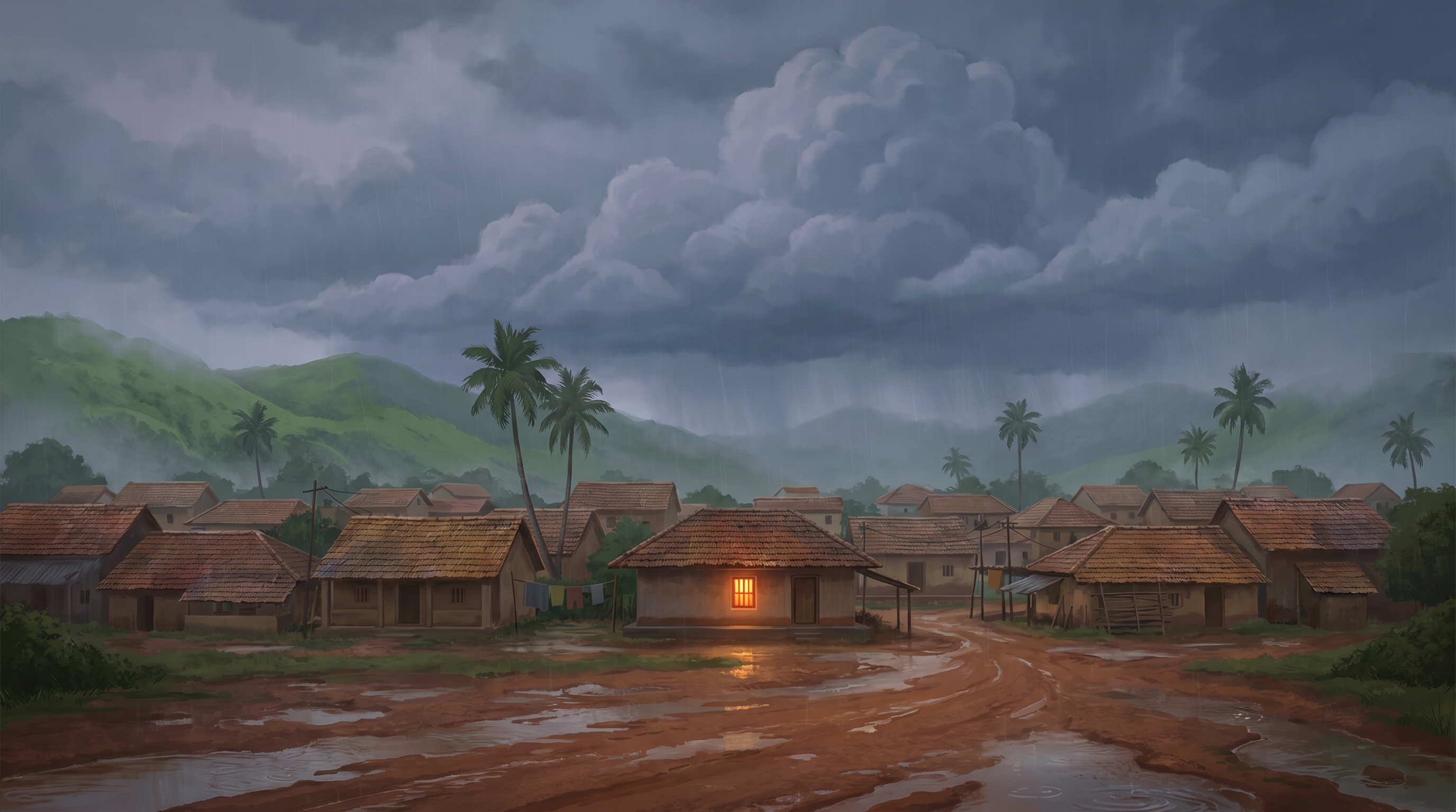 Willowbrook under a low grey monsoon sky, one warm yellow window glowing in Milo's house