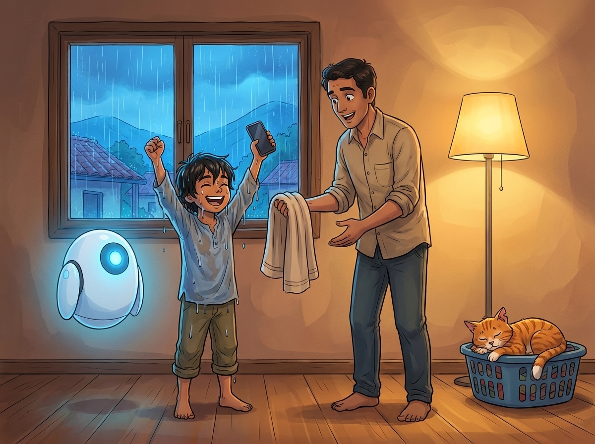 Kabir soaked and grinning, holding his phone up triumphantly, Milo offering a towel