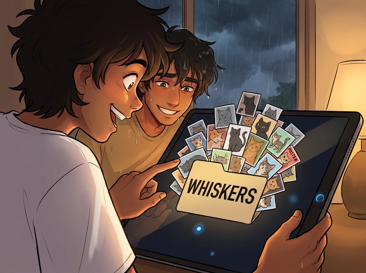 Milo dragging a big messy pile of cat photos into a folder labelled WHISKERS