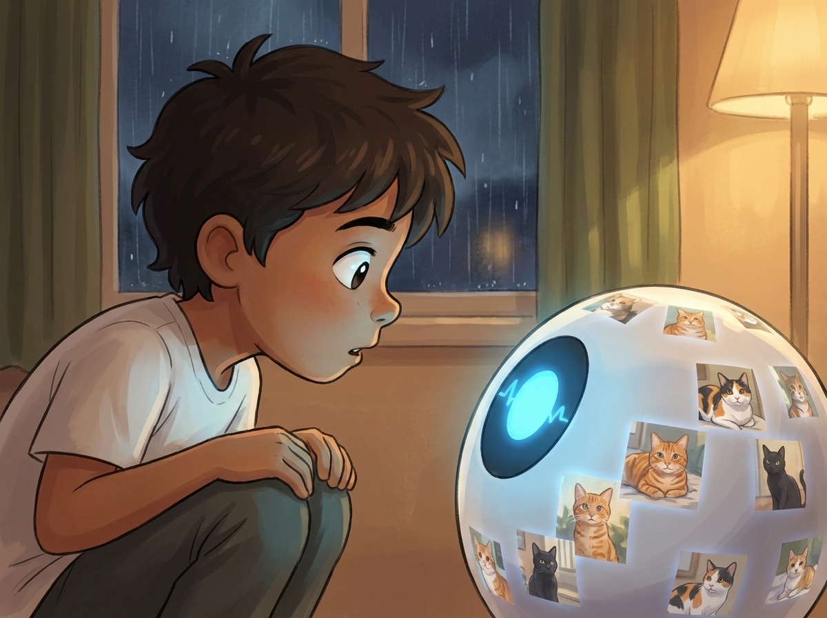 Spark's single round light pulsing fast and uncertain, cat photos flickering across its surface
