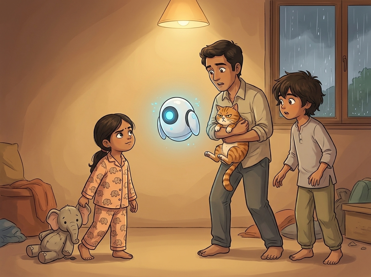 Tara in pyjamas dragging a stuffed elephant, looking up at Milo and Kabir with a knowing frown