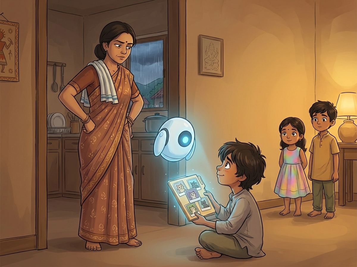 Amma in the kitchen doorway, dish-towel over one shoulder, looking at the folder with quiet skepticism
