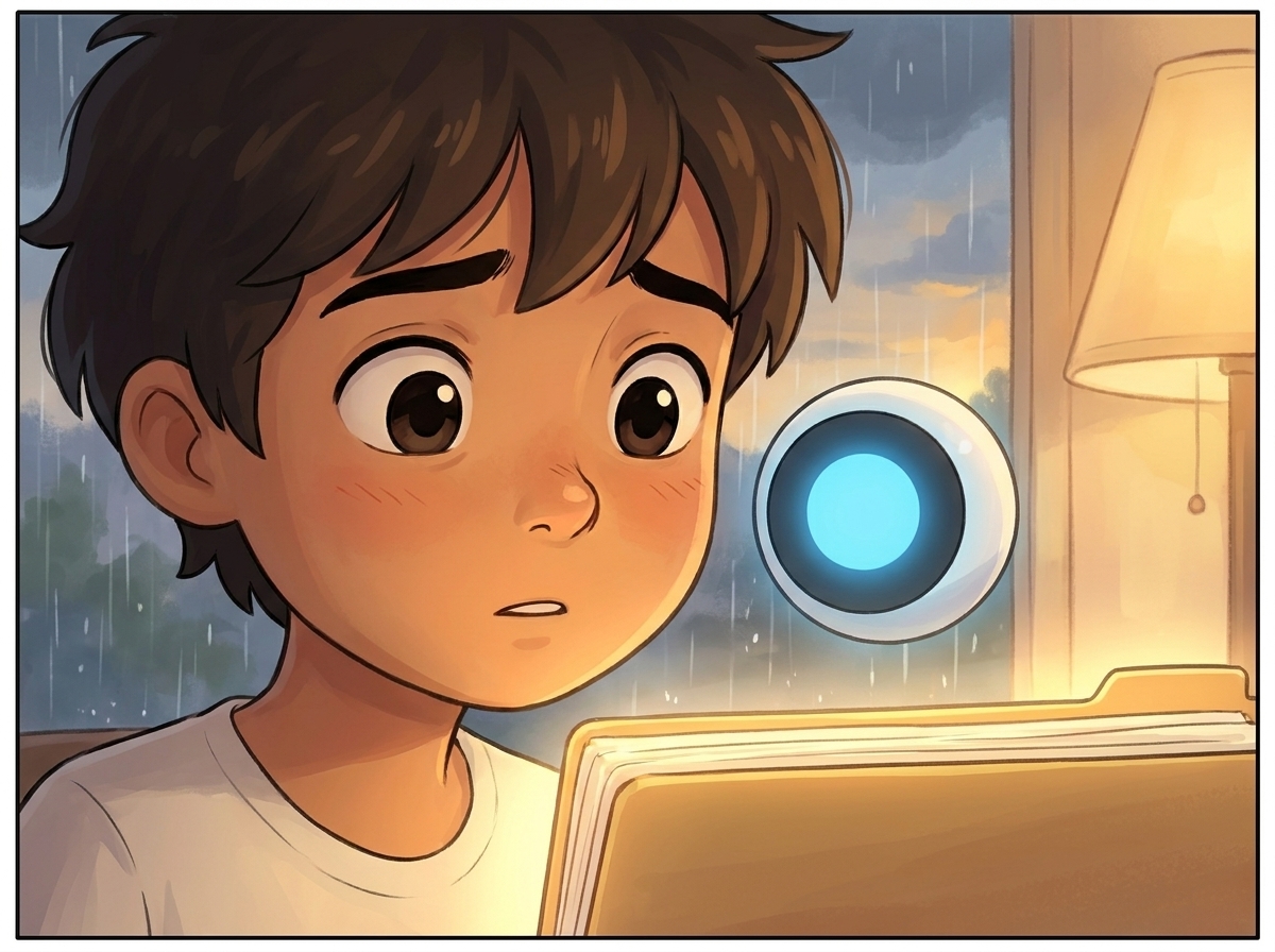 Close-up on Milo's face, frustration melting into understanding, Spark's light calming