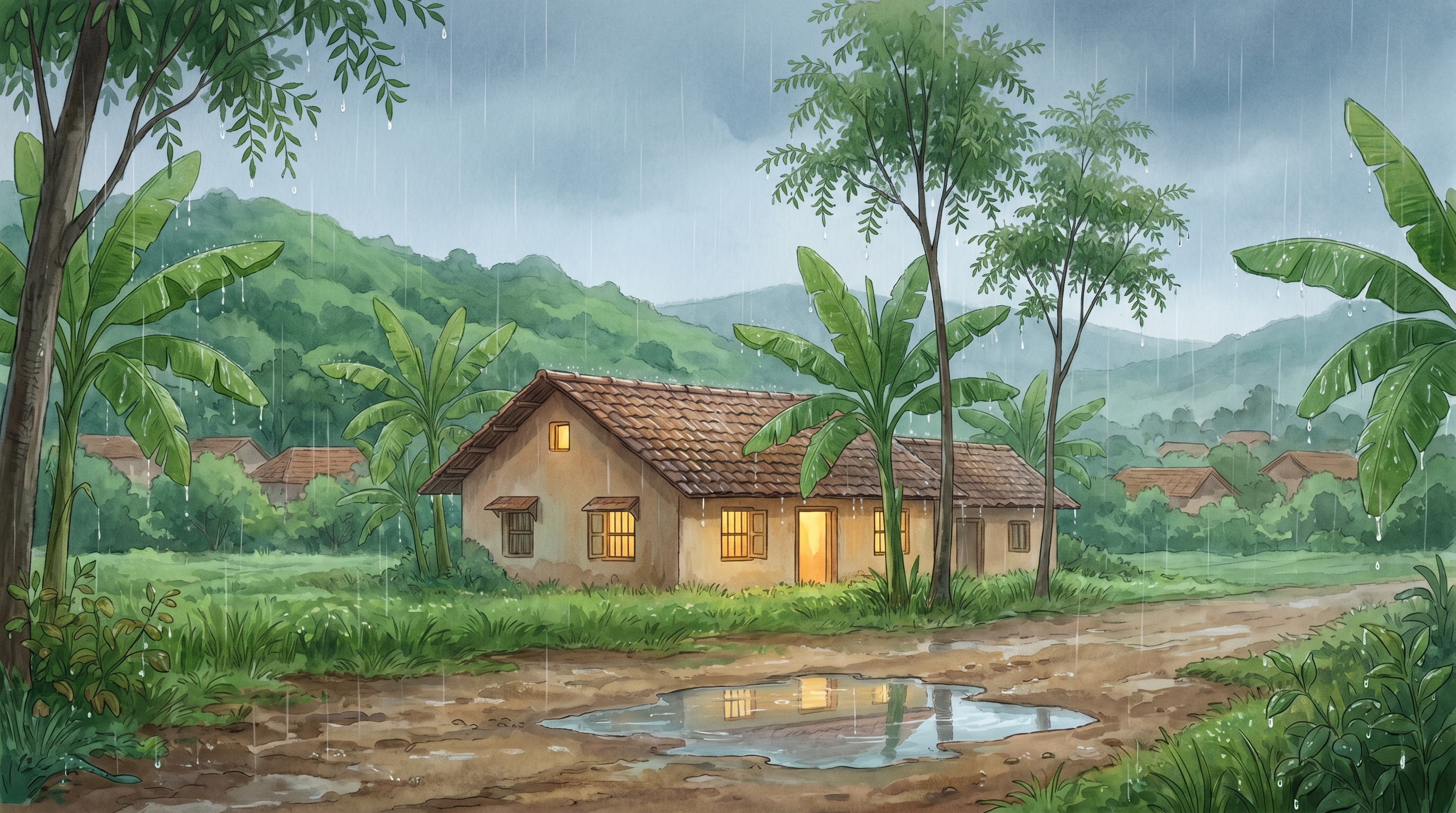 Milo's house in Willowbrook on a soft grey rainy morning, warm light glowing in the windows