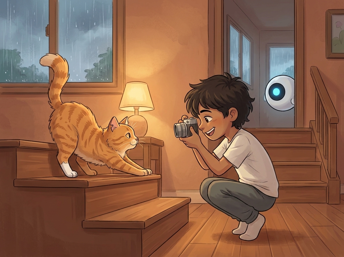 Milo crouching with the silver camera, hunting Whiskers stretched on the wooden stairs