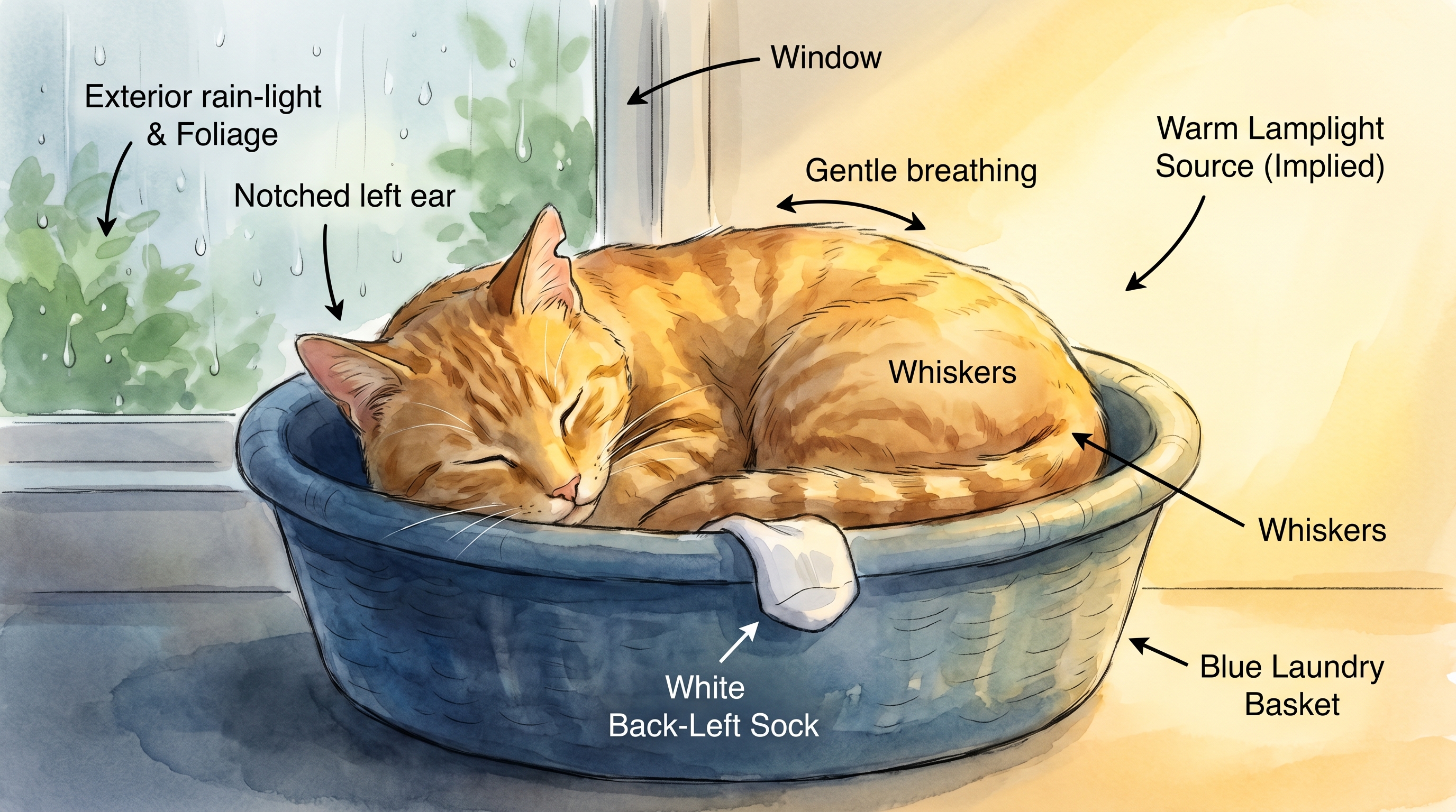 Whiskers the orange tabby curled asleep in the blue laundry basket, white sock and notched ear visible